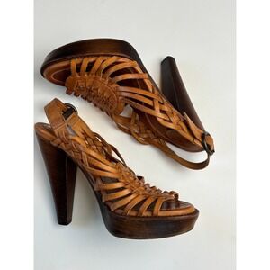 Frye Platform Sandals Tan Leather Womens 8.5 B Woven Huarache Wood Heel 73396